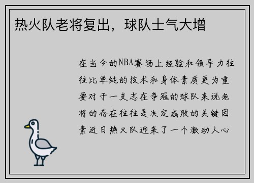 热火队老将复出，球队士气大增