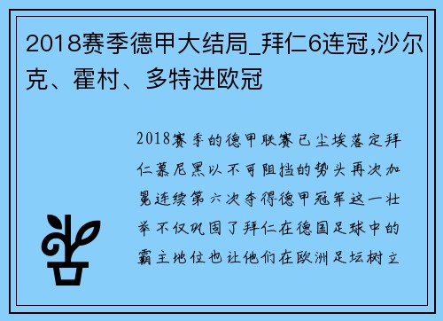 2018赛季德甲大结局_拜仁6连冠,沙尔克、霍村、多特进欧冠