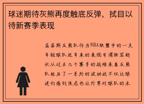 球迷期待灰熊再度触底反弹，拭目以待新赛季表现