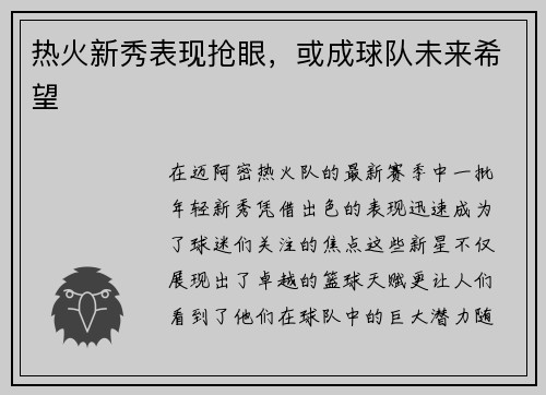 热火新秀表现抢眼，或成球队未来希望