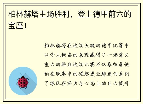 柏林赫塔主场胜利，登上德甲前六的宝座！