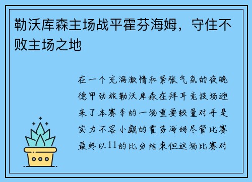 勒沃库森主场战平霍芬海姆，守住不败主场之地