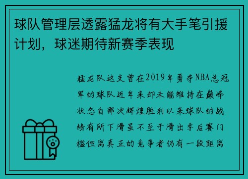 球队管理层透露猛龙将有大手笔引援计划，球迷期待新赛季表现