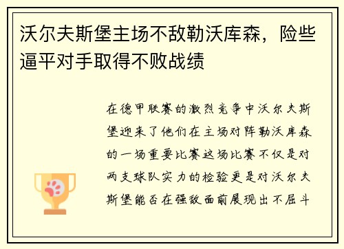 沃尔夫斯堡主场不敌勒沃库森，险些逼平对手取得不败战绩