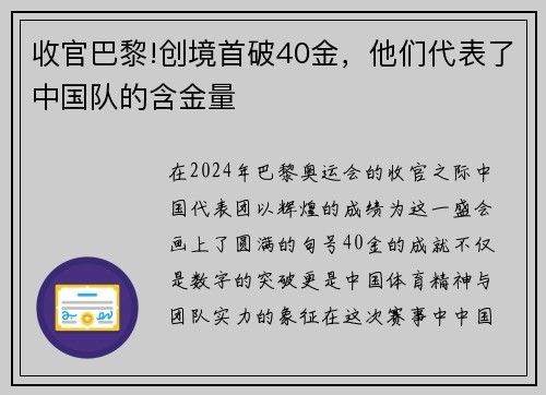 收官巴黎!创境首破40金，他们代表了中国队的含金量