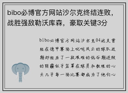 bibo必博官方网站沙尔克终结连败，战胜强敌勒沃库森，豪取关键3分